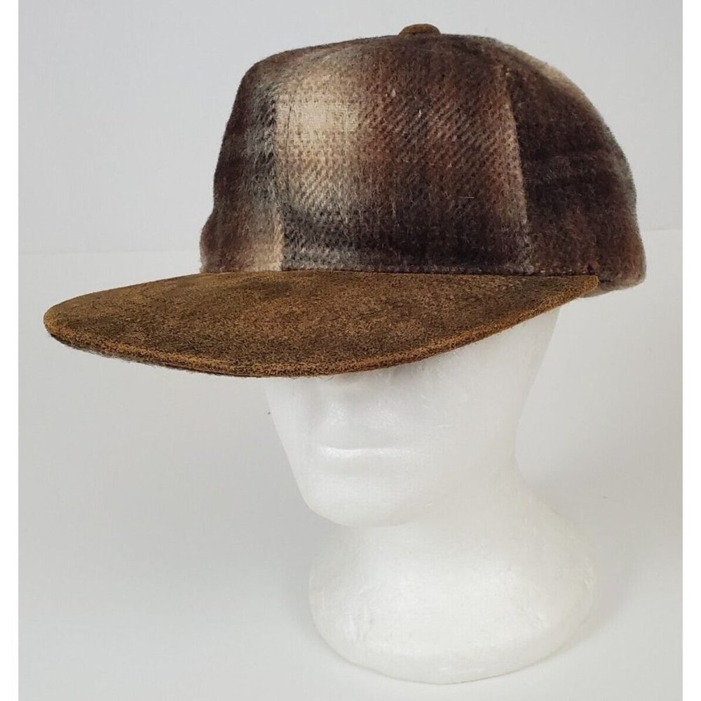 NOS Vintage Wool, Leather Visor & Button Hunting Strapback Hat Cap Brown Plaid